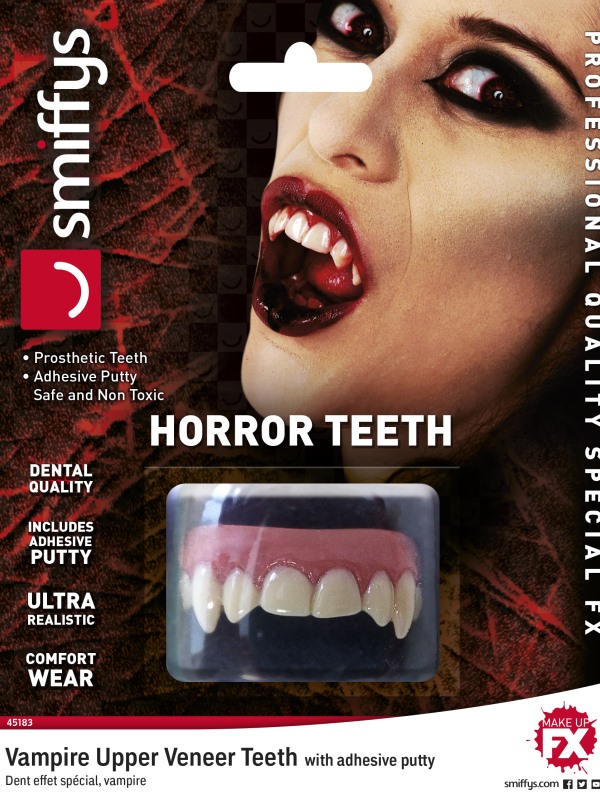 Smiffys Make-Up FX, Horror Teeth, Vampire, White, with Upper Veneer Teeth & Fixing Plastic