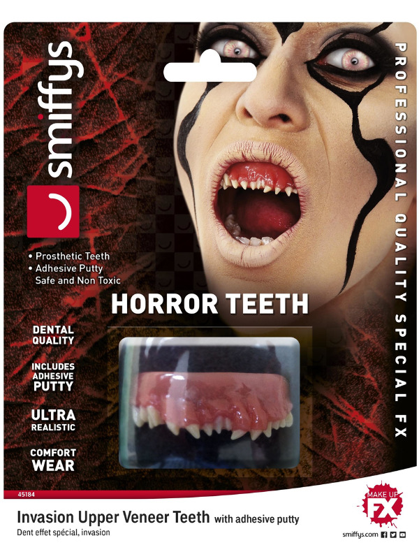 Smiffys Make-Up FX, Horror Teeth, Invasion, White, with Upper Veneer Teeth & Fixing Plastic