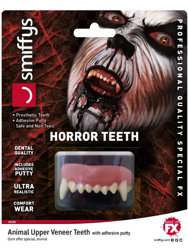 Smiffys Make-Up FX, Horror Teeth, Animal, White, with Upper Veneer Teeth & Fixing Plastic