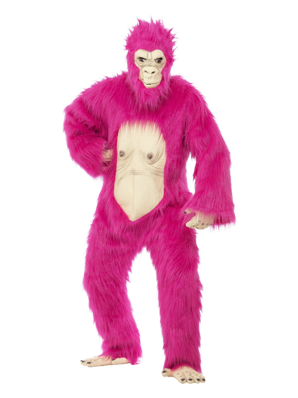 Deluxe Gorilla Costume, Neon Pink, Bodysuit with Latex Mask, Hands & Feet