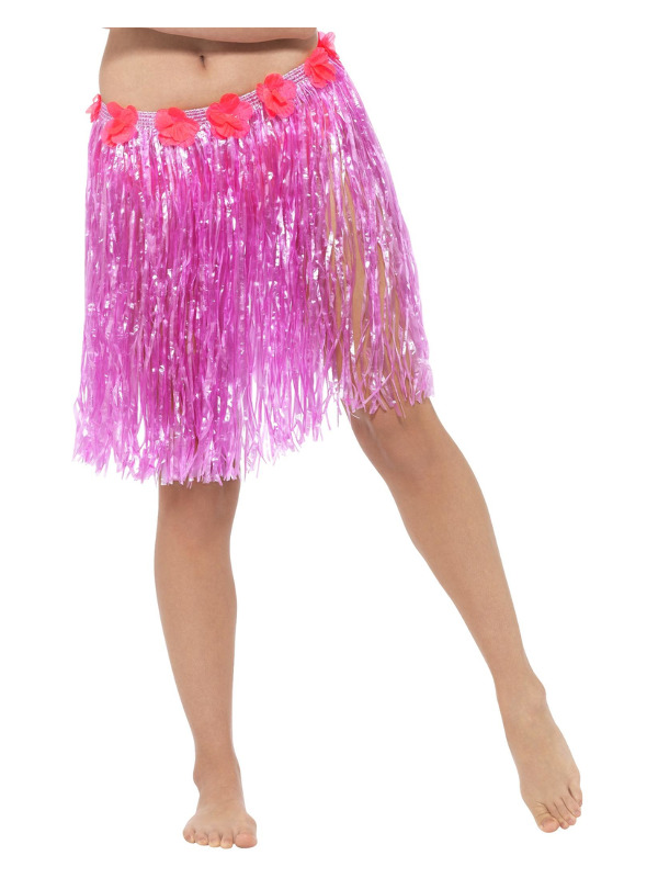 Hawaiian Hula Skirt with Flowers, Neon Pink, with Velcro Fastening & Adjustable Waist Band