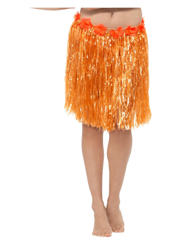 Hawaiian Hula Skirt with Flowers, Neon Orange, with Velcro Fastening & Adjustable Waist Band