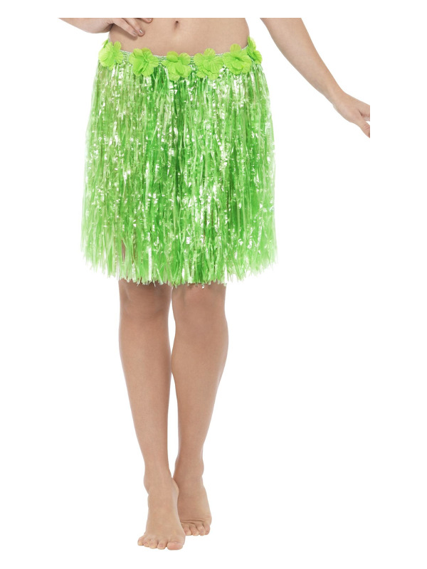 Hawaiian Hula Skirt with Flowers, Neon Green, with Velcro Fastening & Adjustable Waist Band