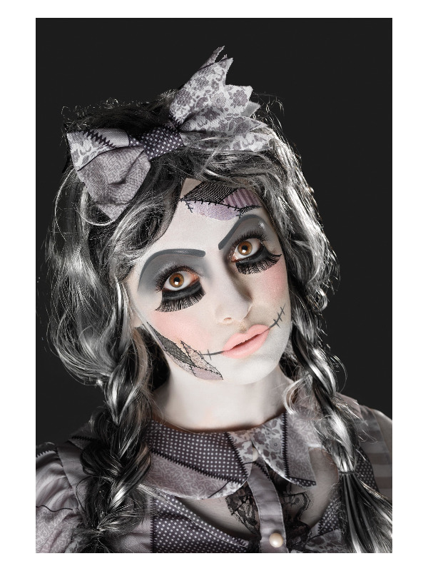 Smiffys Make-Up FX, Damaged Doll Kit, Aqua, Black, Transfers, Facepaint, Lashes, Sponge & Brush