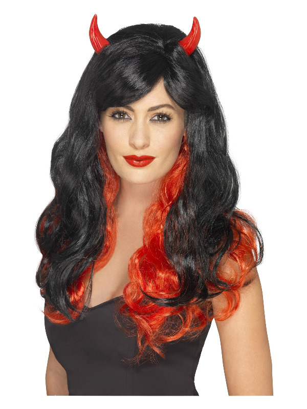 Devil Wig, Red & Black, with Horns