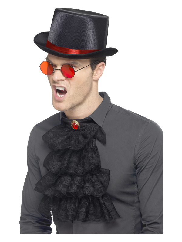 Gothic Kit, Red & Black, with Elastic Inner Rim Top Hat, Glasses & Neck Ruffle