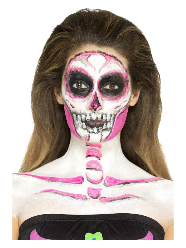 Smiffys Make-Up FX, Neon Skeleton Liquid Latex Kit, Assorted, with 4 Colour UV Make Up Pots & 4 Sponge