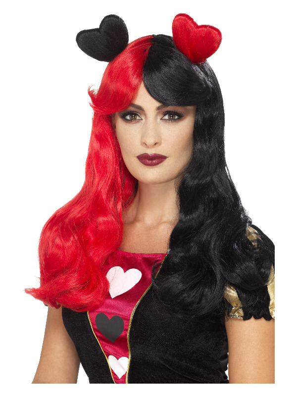 Two Tone Cosplay Wig, Red & Black, with Attached Hearts