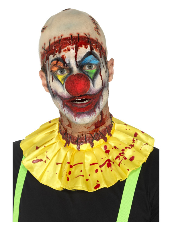Latex Creepy Clown Instant Kit, Yellow, Bald Cap & Neck Ruffle with Slashed Neck Wound