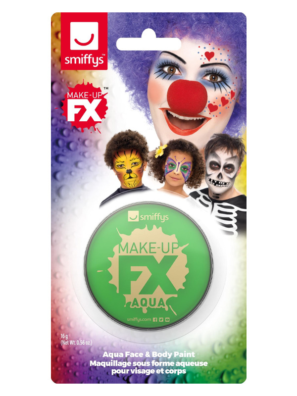 Smiffys Make-Up FX, on Display Card, Bright Green, Aqua Face and Body Paint, 16ml, Water Based
