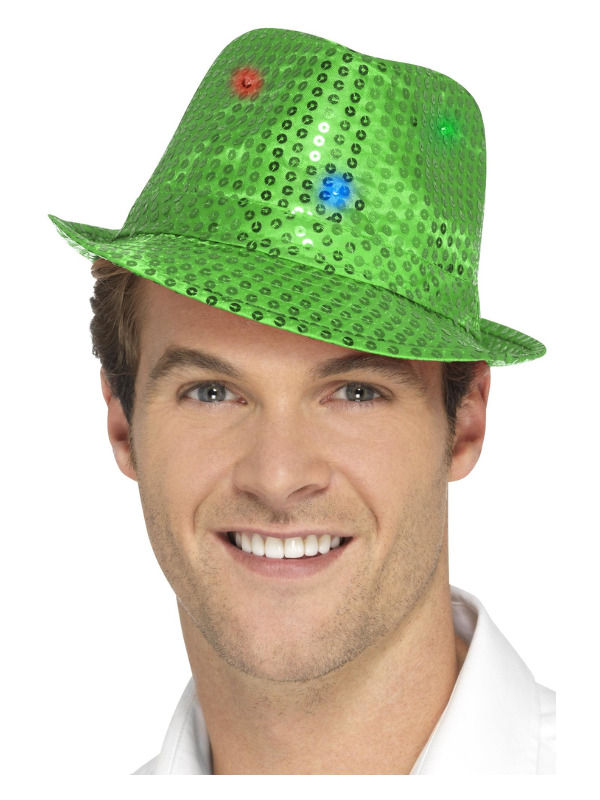 Light Up Sequin Trilby Hat, Green, with Multi-Function LED Lights