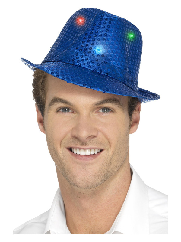Light Up Sequin Trilby Hat, Blue, with Multi-Function LED Lights