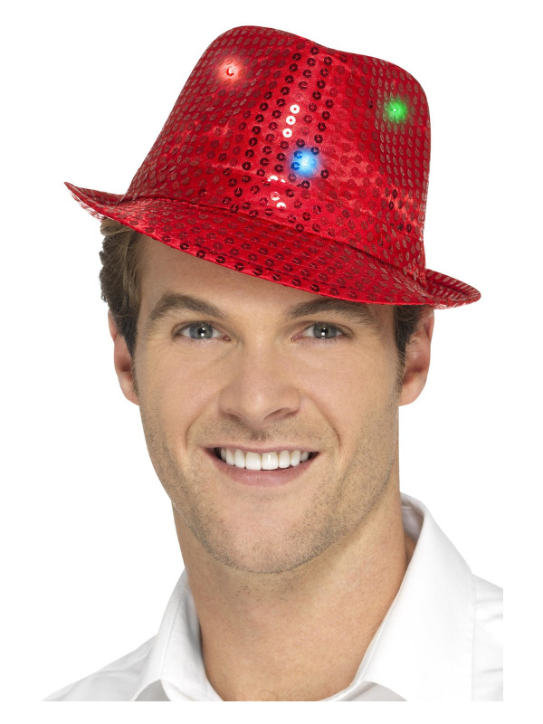 Light Up Sequin Trilby Hat, Red, with Multi-Function LED Lights