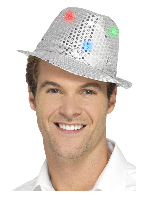 Light Up Sequin Trilby Hat, Silver, with Multi-Function LED Lights