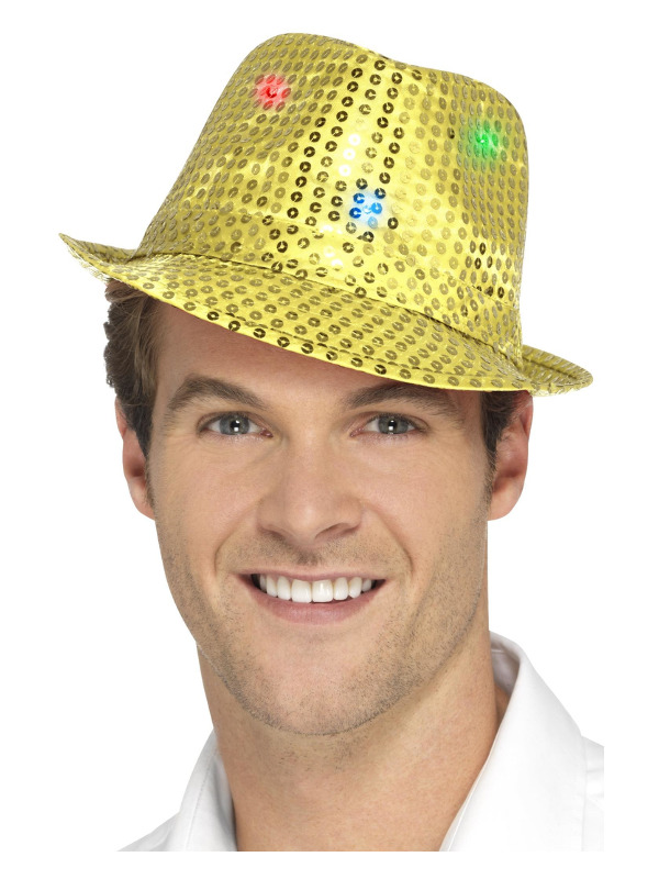 Light Up Sequin Trilby Hat, Gold, with Multi-Function LED Lights