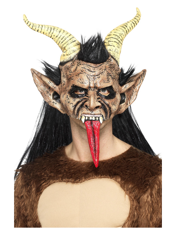 Beast / Krampus Demon Mask, Brown, Latex, Overhead, with Hair & Horns