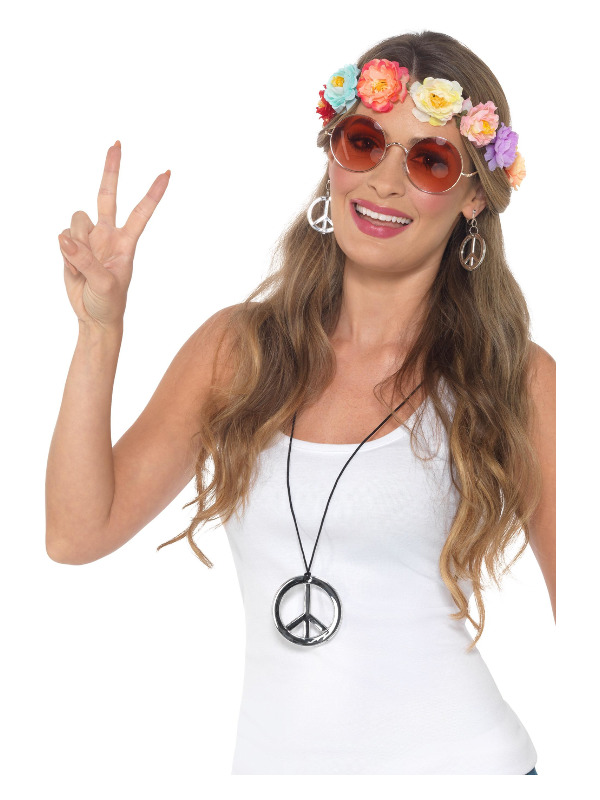 Hippie Festival Kit, Multi-Coloured, with Flower Headband, Glasses, Medallion & Earrings
