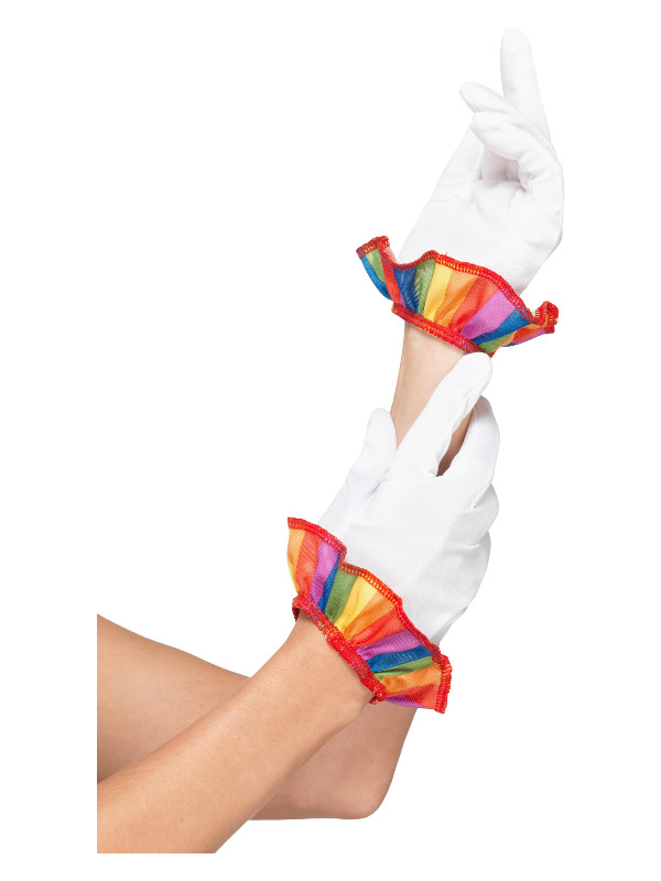 Clown Gloves, White, with Rainbow Frill