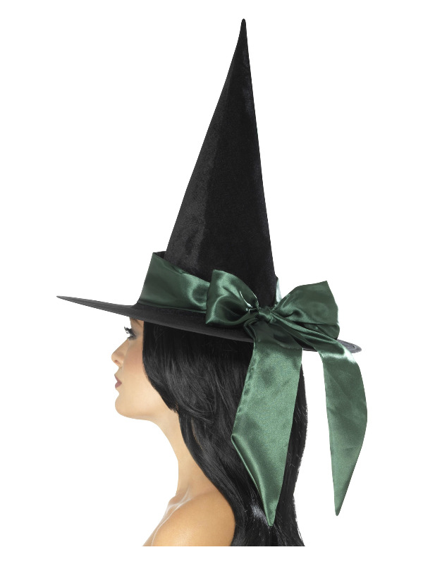 Deluxe Witch Hat, Black, with Green Bow