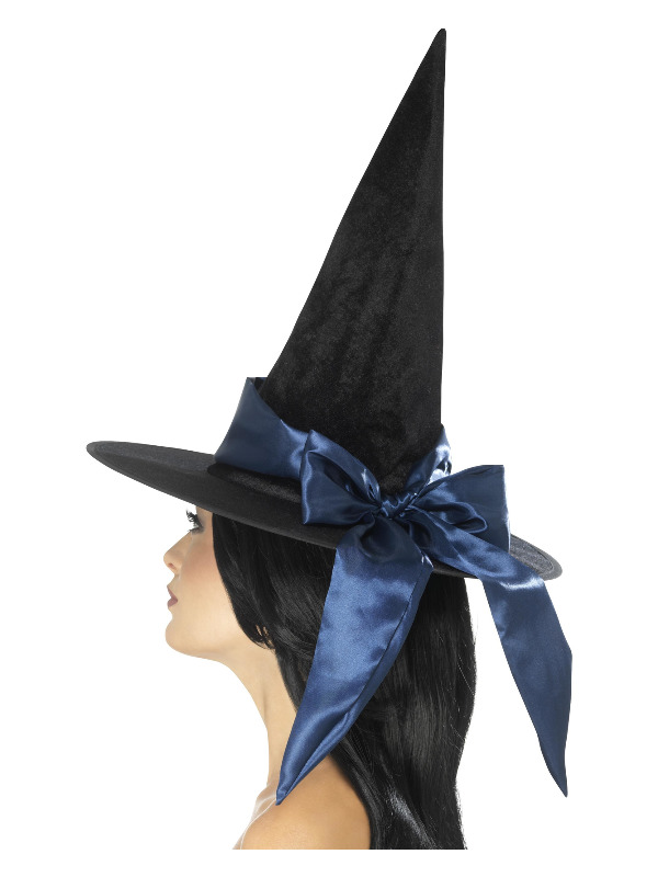 Deluxe Witch Hat, Black, with Blue Bow