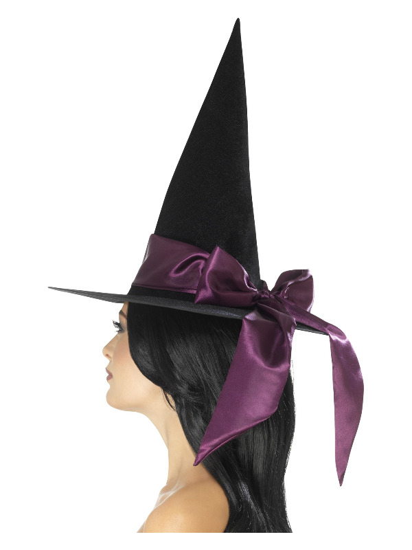 Deluxe Witch Hat, Black, with Purple Bow