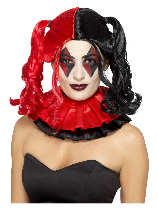 Twisted Harlequin Wig, Black & Red, with Bunches