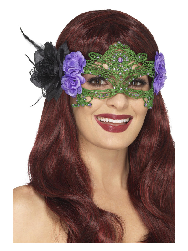 Embroidered Lace Filigree Witch Eyemask, Black & Green, with Roses