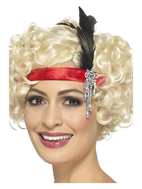 Red Satin Charleston Headband, with Feather & Jewel Detail