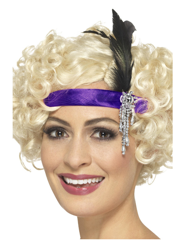 Purple Satin Charleston Headband, with Feather & Jewel Detail