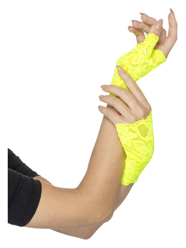 80s Fingerless Lace Gloves, Neon Yellow, Short