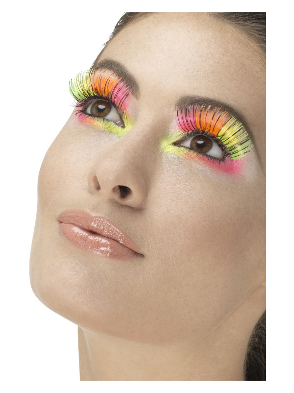 80s Party Eyelashes, Neon, Multi-Coloured with Black Stripe, Contains Glue