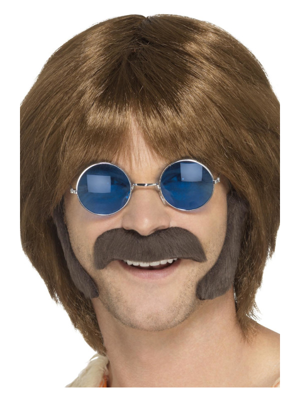 Hippie Disguise Set, Brown, with Porkchop Sideburns & Moustache, Self Adhesive