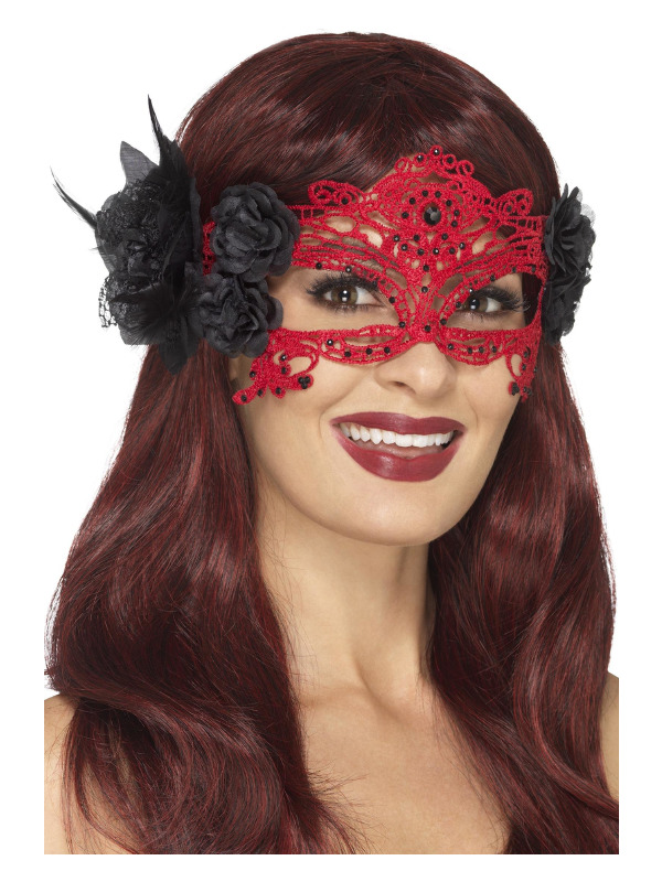 Embroidered Lace Filigree Devil Eyemask, Red & Black, with Roses