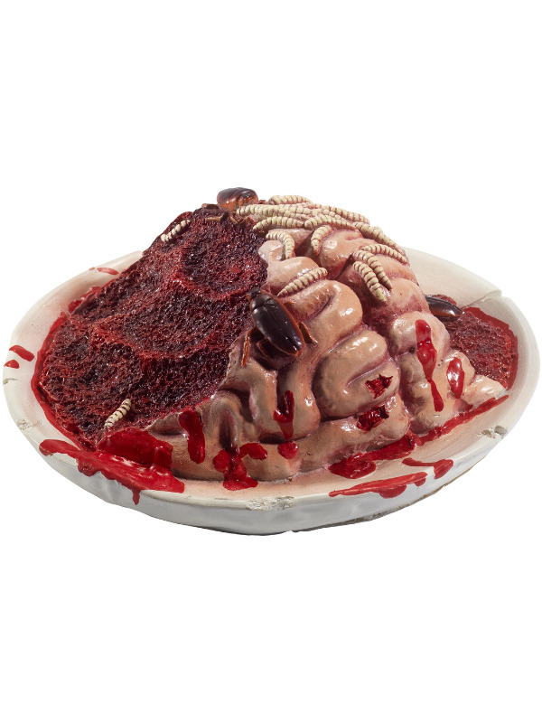 Latex Gory Gourmet Rotting Brain Plate Prop, Red, with Maggots & Cockroaches, 27x27x10cm / 11x11x4in