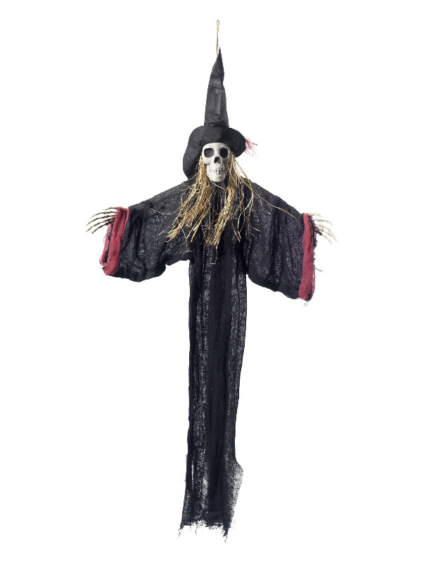 Hanging Witch Skeleton Decoration, Black, with Hat, Robe & Straw Hair, 70x90cm / 28x35in