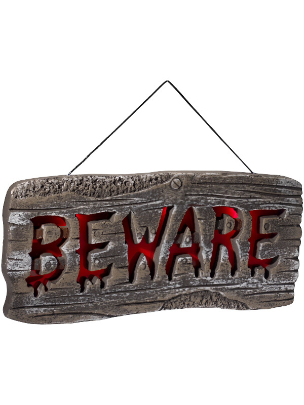 Light Up Hanging Beware Sign, Grey & Red, Batteries Included, 49x21.5cm / 19x8in