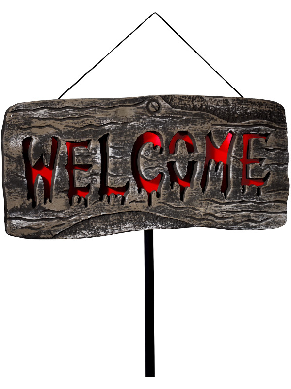 Light Up Welcome Outdoor Sign, Grey & Red, Batteries Included, 25x50cm / 10x20in