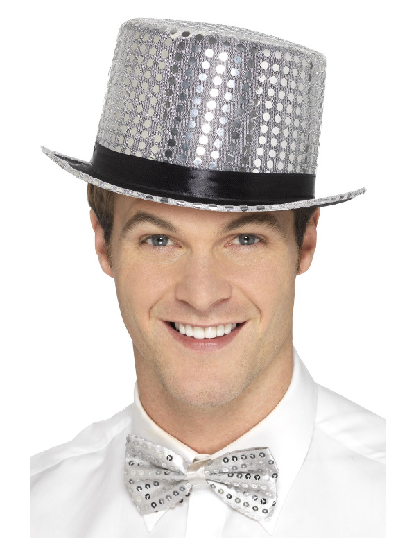 Sequin Top Hat, Silver, with Elastic Inner Rim