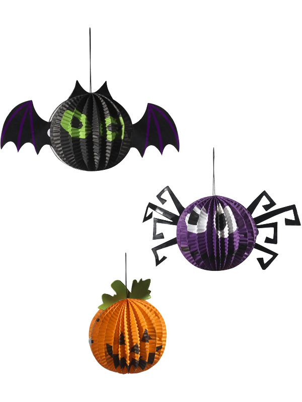 Hanging Halloween Paper Decorations, Set of 3, Multi-Coloured, Assorted Designs, with Bat, Spider & Pumpkin