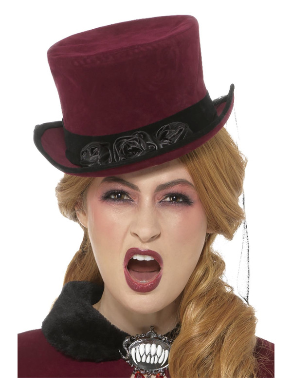 Deluxe Victorian Vampiress Hat, Burgundy, with Veil