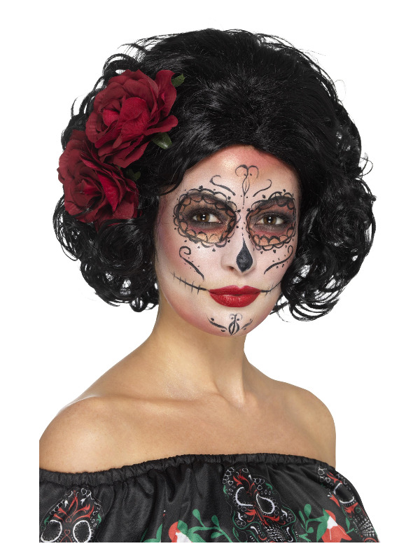 Deluxe Day of the Dead Doll Wig, Black, with Roses