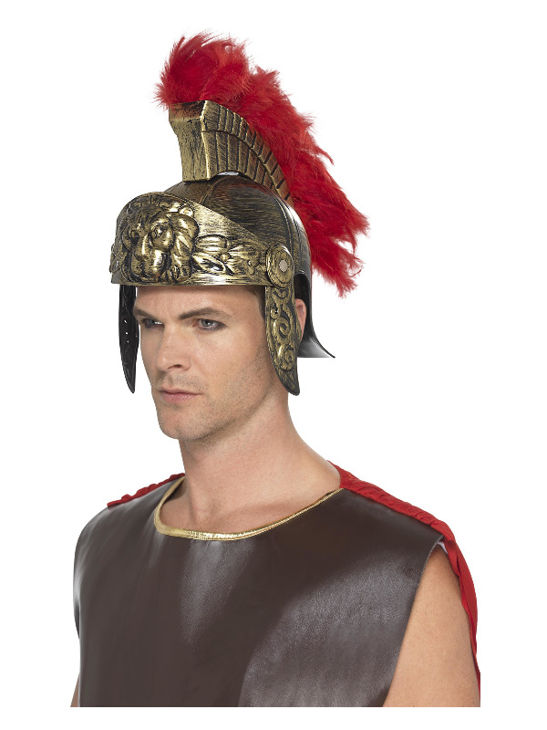 Roman Spartan Helmet, Gold & Red, Plastic, with Detachable Feather Plume