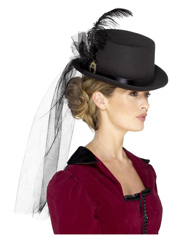 Deluxe Ladies Victorian Top Hat, Black, with Elastic Inner Rim, Attached Veil, Feathers & Brooch