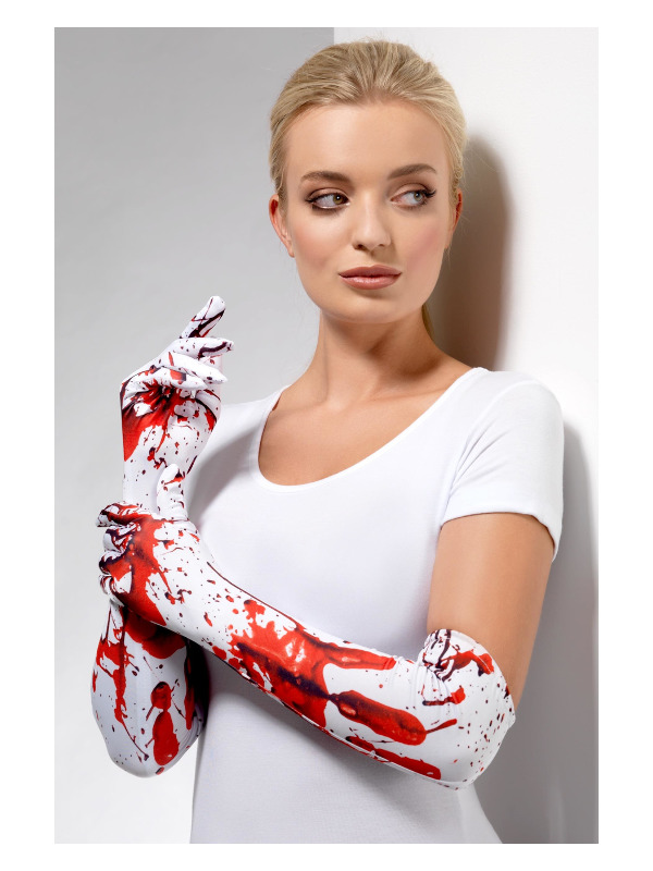 Blood Splatter Gloves, White & Red, Long