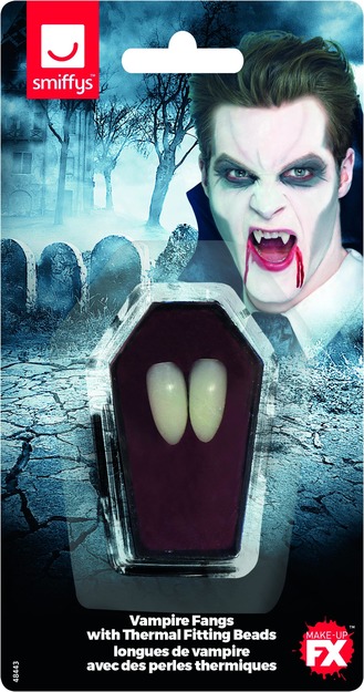 Smiffys Make-Up FX, Vampire Fangs, White, with Thermal Fitting Beads