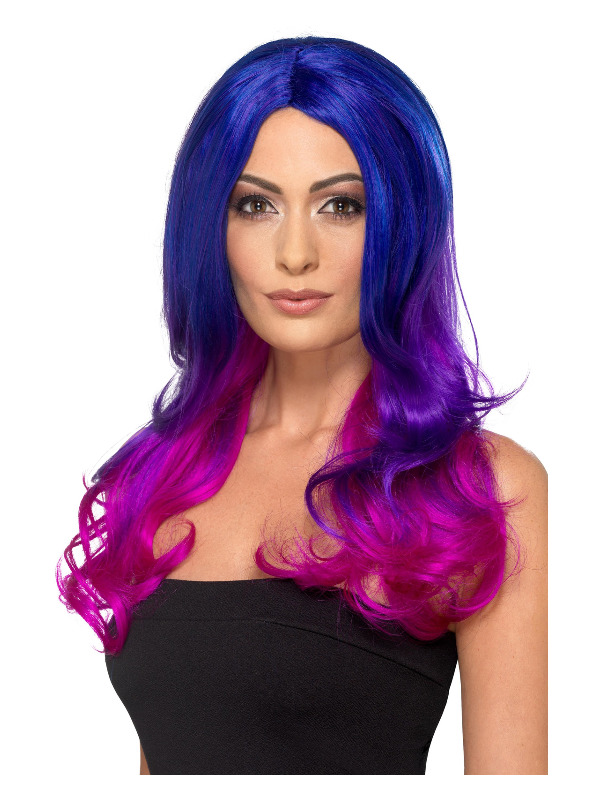 Fashion Ombre Wig, Wavy, Long, Blue & Pink, Heat Resistant/ Styleable