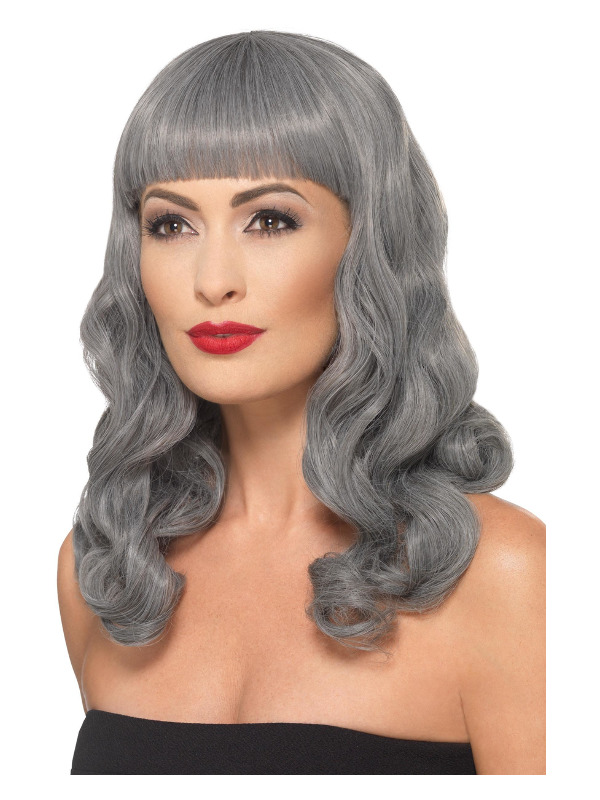 Deluxe Wig Wavy With Fringe, Grey, Heat Resistant/ Styleable