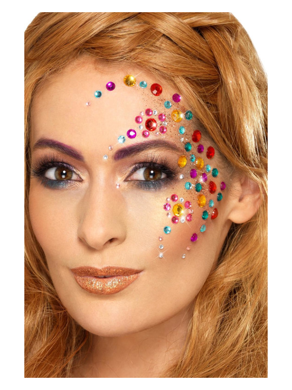 Smiffys Make-Up FX, Rainbow Jewel Face Gems, Multi-Coloured, Sheet of 100 Assorted, Self Adhesive