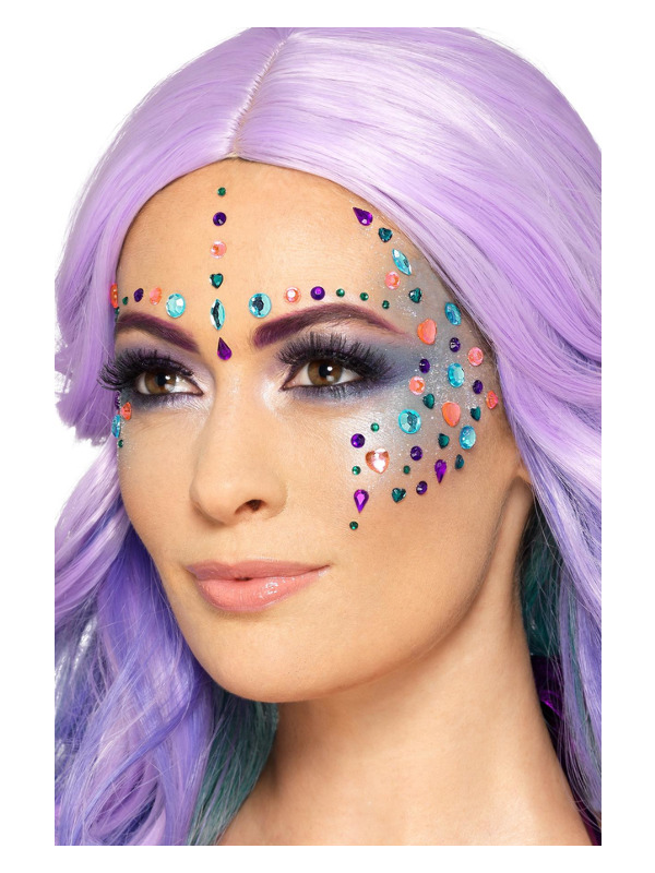 Smiffys Make-Up FX, Pastel Jewel Face Gems, Purple & Pink, Sheet of 100 Assorted, Self Adhesive