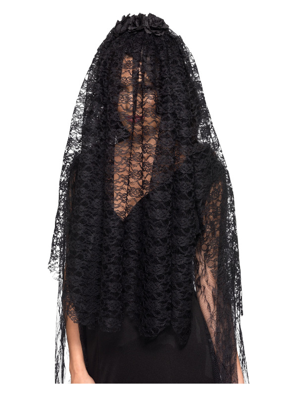 Black Widow Veil, Black, with Flowers